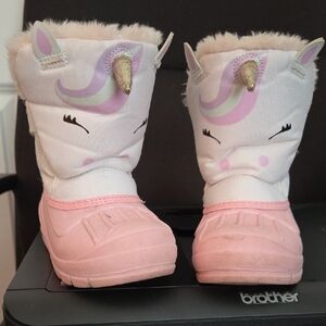 Kids Unicorn Snow Boots - Pink & White Plush Lined